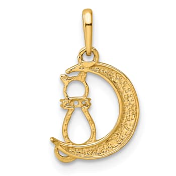 14K Yellow Gold Childrens Cubic Zirconia Cat and Moon Pendant