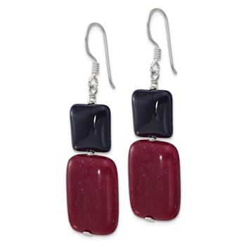 Sterling Silver Polished Black Agate and Red Jadeite Dangle Earrings