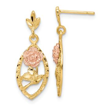 14k Two-tone Textured Flower Dangle Earrings