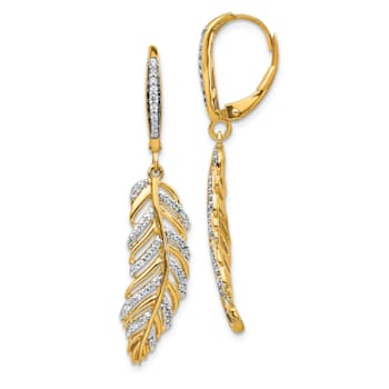 14k Yellow Gold and Rhodium Over 14k Yellow Gold Diamond Fancy Feather
Dangle Earrings