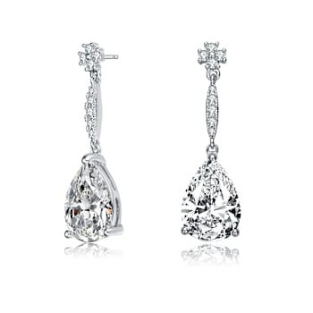 Pear Shape CZ Halo Drop Earrings In Sterling Silver