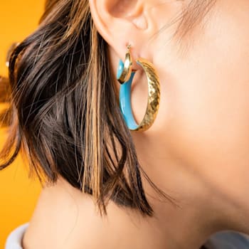 14K Yellow Gold Over Sterling Silver Enamel Hammered Hoop Earrings in
Neon Green