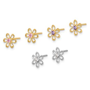 14k Two-tone Gold Multi-Color Cubic Zirconia 7mm Three Flower Stud
Earrings Set