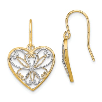 14K Yellow Gold and Rhodium Over 14K Yellow Gold Polished Filigree Heart
Dangle Earrings