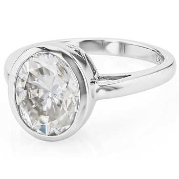 Bezel Set Oval Moissanite Solitaire Ring In Platinum-Enhanced Sterling Silver