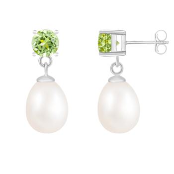 White Freshwater Pearl And Peridot Dangle Earrings In Sterling Silver