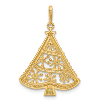 14K Yellow Gold Polished Green and White Cubic Zirconia Christmas Tree Pendant