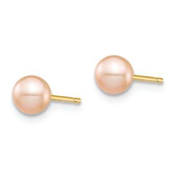 14k Yellow Gold 4.45mm Pink Round Freshwater Cultured Pearl Stud Earrings