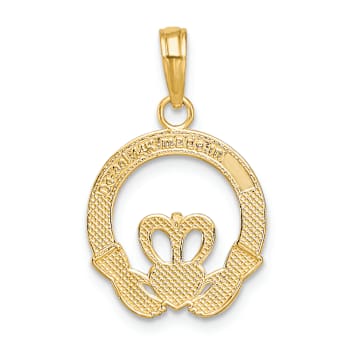14k Yellow Gold Satin, Textured and Diamond-Cut Claddagh Pendant