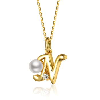 Initial N CZ And Pearl Simulant Pendant Necklace In 14K Gold Over Brass
