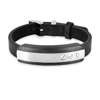 Mens Stainless Steel with Carbon Fiber and Black Leather Bar Bracelet