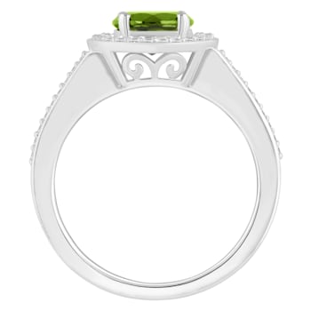 7mm Round Peridot 1/5 ctw Diamond Rhodium Over Sterling Silver Halo Ring