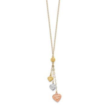 14K Tri-color Puff Heart Lariat with 2-inch Extension Necklace