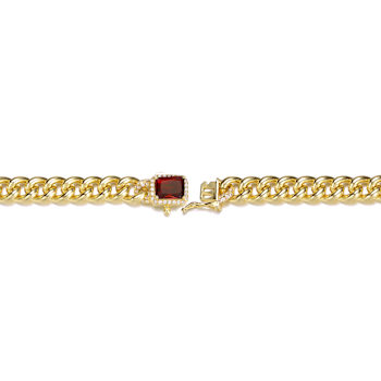 Ruby Color CZ Halo Cluster Curb Chain Bracelet In 14K Gold Over Brass