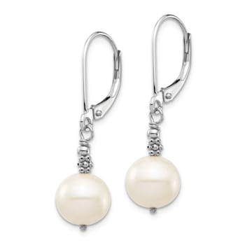 Rhodium Over 14K White Gold 8-9mm Near Round White Freshwater Cultured
Pearl Leverback Earrings