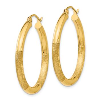 14k Yellow Gold Satin and Diamond-Cut 1 3/16" Round Hoop Earrings