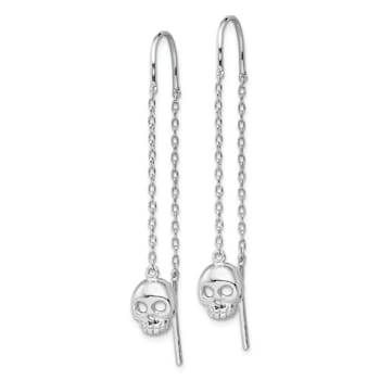 Rhodium Over Sterling Silver Polished Skull Threader Earrings