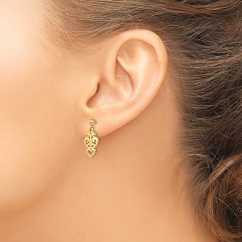 14k Yellow Gold Polished Filigree Fancy Heart Dangle Earrings