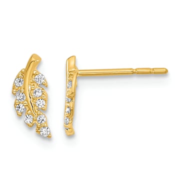 14K Yellow Gold Polished Leaf CZ Post Earrings