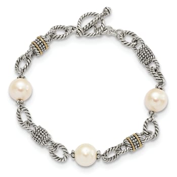 Sterling Silver with 14K Gold Over Sterling Silver Oxidized Freshwater
Cultured Pearl Bracelet