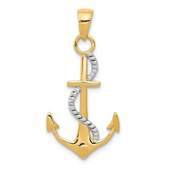 14k Two-tone Gold Polished Textured Anchor with Rope Pendant
