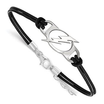 Rhodium Over Sterling Silver NHL LogoArt Tampa Bay Lightning Leather Bracelet