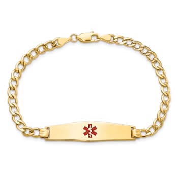 14k Yellow Gold Medical Soft Diamond Shape Red Enamel Curb Link ID Bracelet
