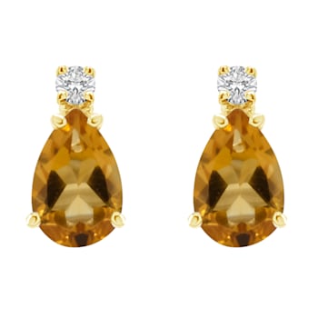 6x4mm Pear Shape Citrine with Diamond Accents 14k Yellow Gold Stud Earrings