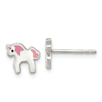 Rhodium Over Sterling Silver Multicolor Enamel Unicorn Childs Post Earrings