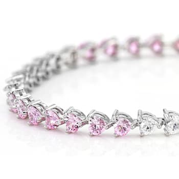 Pink And White Cubic Zirconia Rhodium Over Sterling Silver Heart Tennis
Bracelet 14.39ctw