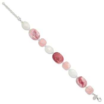 Sterling Silver Pink Agate/Quartz/Jade/Crystal with 1-inch Extension Bracelet