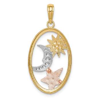14K Tri-color Gold Textured Sun, Moon and Star Oval Pendant