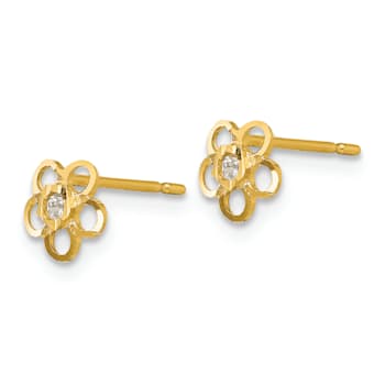 14K Yellow Gold Cubic Zirconia Diamond-cut Children's Flower Post Earrings