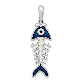 Rhodium Over Sterling Silver Polished 3D Enameled Fishbone Pendant