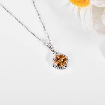 Yellow Cushion Citrine with Moissanite Accents Rhodium Over Silver
Citrine Pendant with Necklace