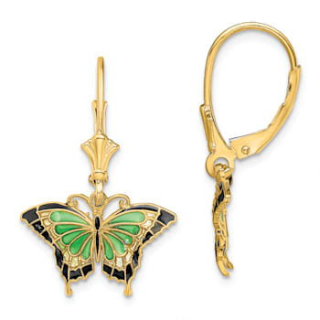 14k Yellow Gold Butterfly with Green and Black Enameled Wings Dangle Earrings