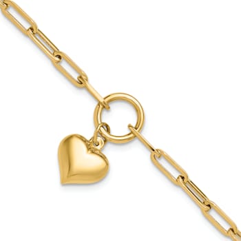 14k Yellow Gold Polished Puffed Heart Paper Clip Link Bracelet