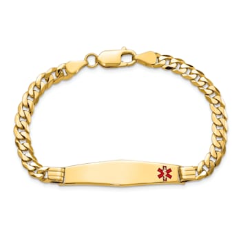 14k Yellow Gold Medical Soft Diamond Shape Red Enamel Curb Link ID Bracelet