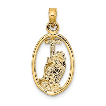 10K Yellow Gold Praying Hands and Cross In Oval Charm