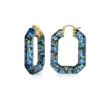 14K Yellow Gold Over Sterling Silver Acrylic Hoops in Blue with Glitter