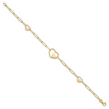 14K Yellow Gold Paperclip Link Heart 7.25-inch Bracelet