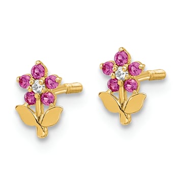 14K Yellow Gold Polished Dark Pink and White Cubic Zirconia Stone Flower
Stud Earrings