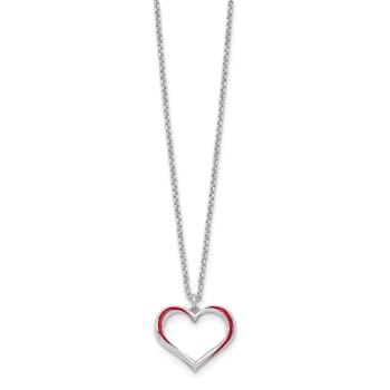 Sterling Silver Rhodium-plated Red Enamel Heart with 1-inch Extension Necklace