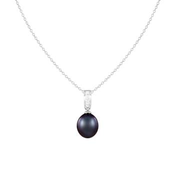 8-8.5mm Black Cultured Freshwater Pearl Sterling Silver Pendant W/Chain