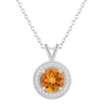7mm Round Citrine 1/8 ctw Diamond Rhodium Over Sterling Silver Halo
Pendant with Chain