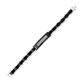 Mens Stainless Steel, Black Leather and Carbon Fiber Link Bracelet