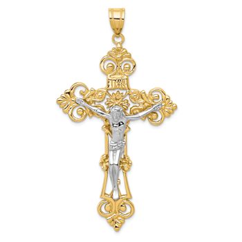 14k Yellow Gold and 14k White Gold INRI Fleur De Lis Crucifix Pendant