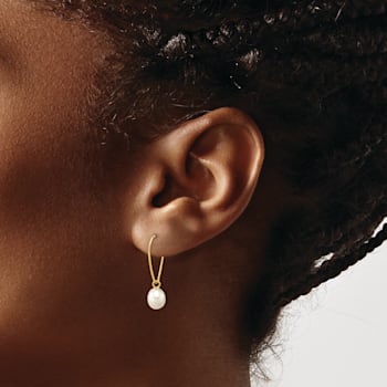 14k Yellow Gold 6-7mm Rice White Freshwater Cultured Pearl Dangle Earrings