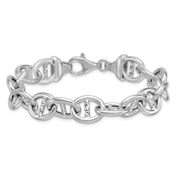 Rhodium Over Sterling Silver Polished and Textured Mariner Link Bracelet