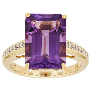 Amethyst Rectangular Octagonal And White Zircon Ring In 18K Gold Over
Sterling Silver 6.61ctw